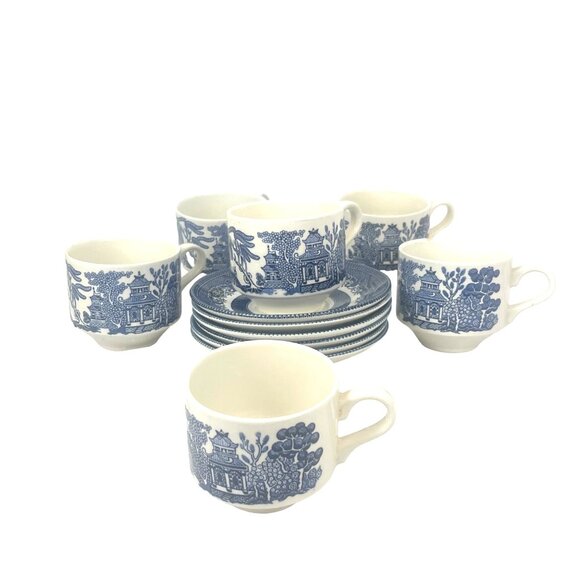 Churchill Ironstone Vintage Blue & White Willow Pattern Cups With Saucers Set Of - Picture 10 of 11